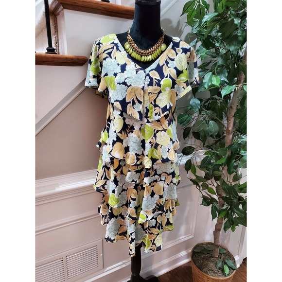 KS Collection Women Multicolor Polyester V-Neck Long Sleeve Knee Length Dress 8 - Picture 1 of 10